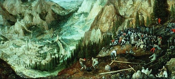 Krajobraz z Jerozolimą, Chrystusem niosącym krzyż i przygotowaniami na wzgórzu Kalwarii autorstwa Lucas van Valckenborch