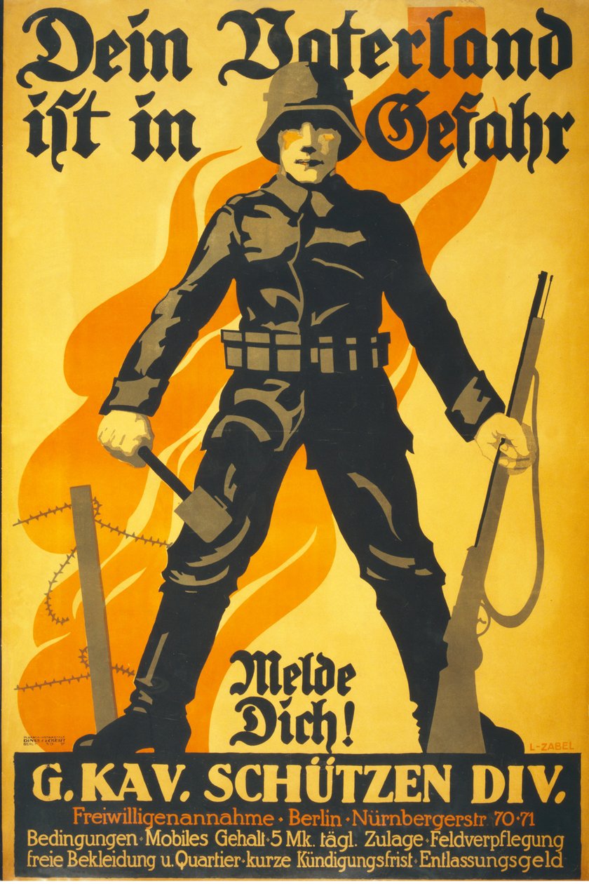 Niemiecki plakat rekrutacyjny „Twoja ojczyzna jest w niebezpieczeństwie, skontaktuj się!” pub. Berlin ok. 1914-16 autorstwa Lucian Zabel