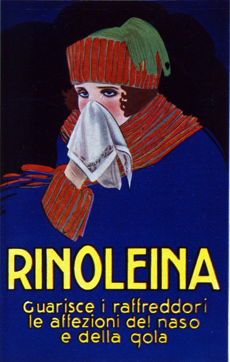 Reklama leku Rinoleina na przeziębienie, ból gardła i kaszel. Ilustracja autorstwa Lucien Achille Mauzan (1883 - 1952). autorstwa Luciano Achille Mauzan