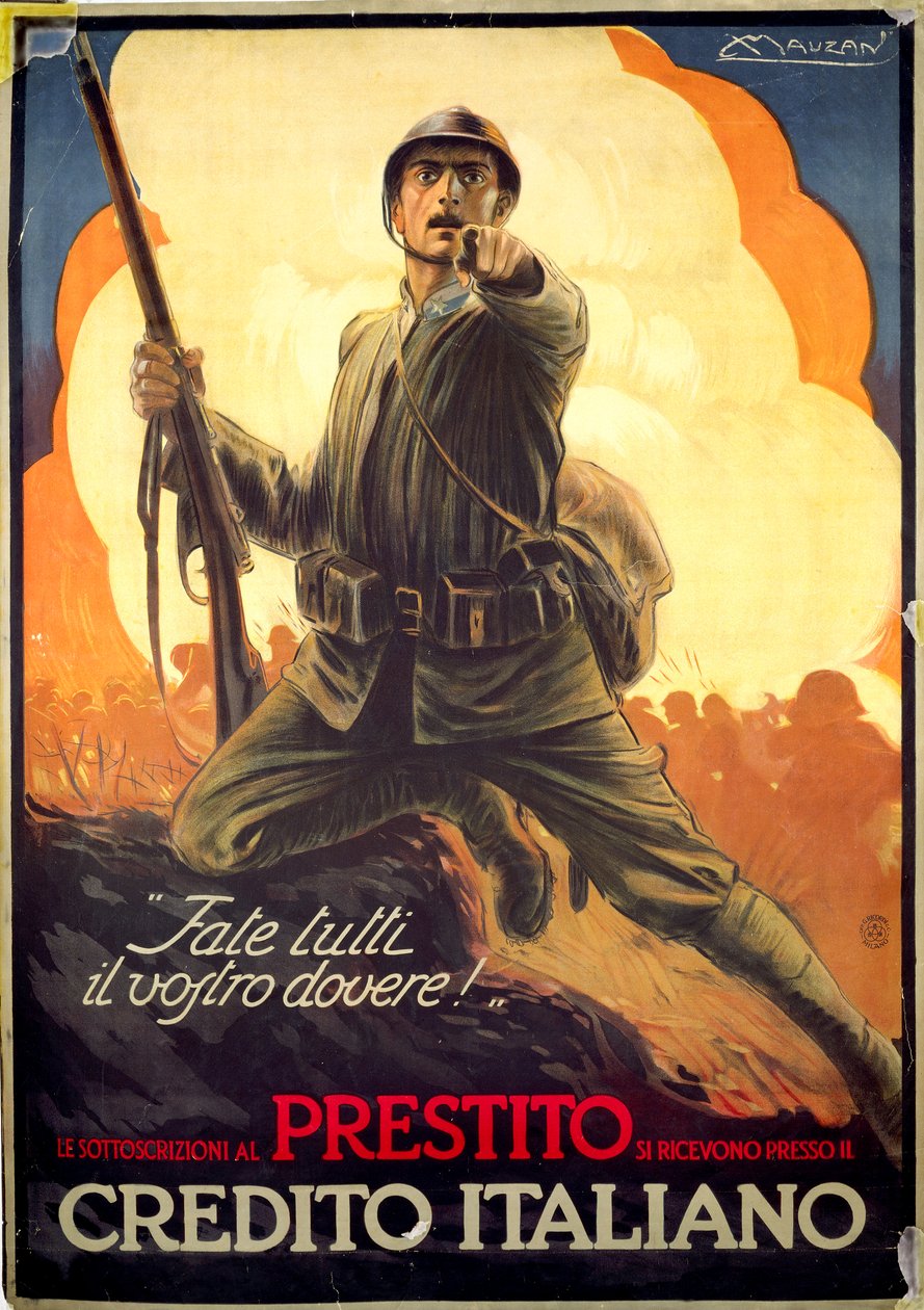 Włoski plakat propagandowy z I wojny światowej reklamujący obligacje wojenne autorstwa Luciano Achille Mauzan