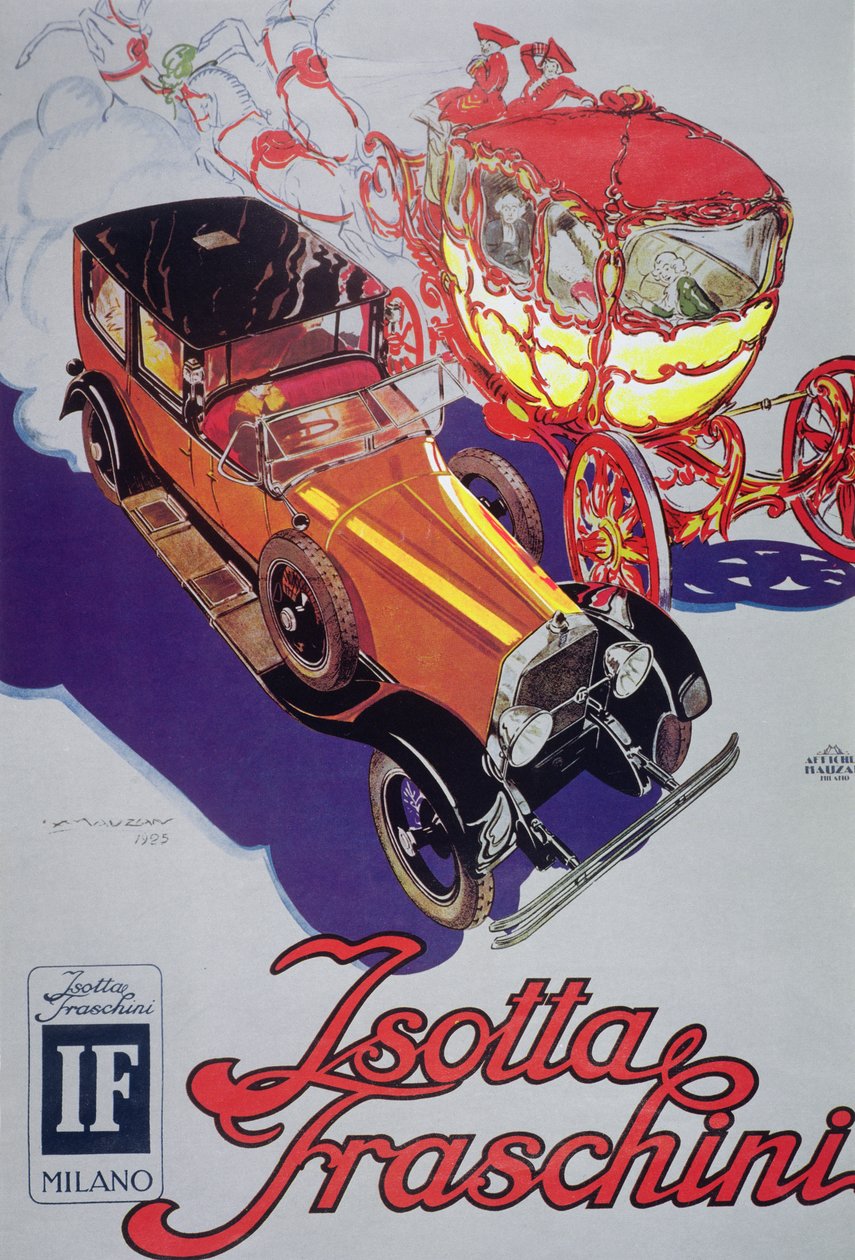 Plakat reklamujący samochody Isotta Fraschini autorstwa Luciano Achille Mauzan