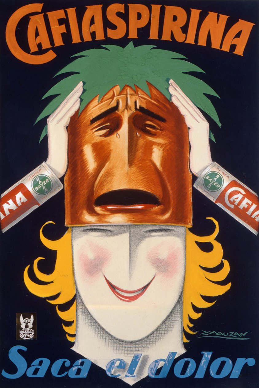Plakat wyprodukowany w Argentynie w celu reklamowania aspiryny Cafiaspirina (kolorowa lita) autorstwa Luciano Achille Mauzan