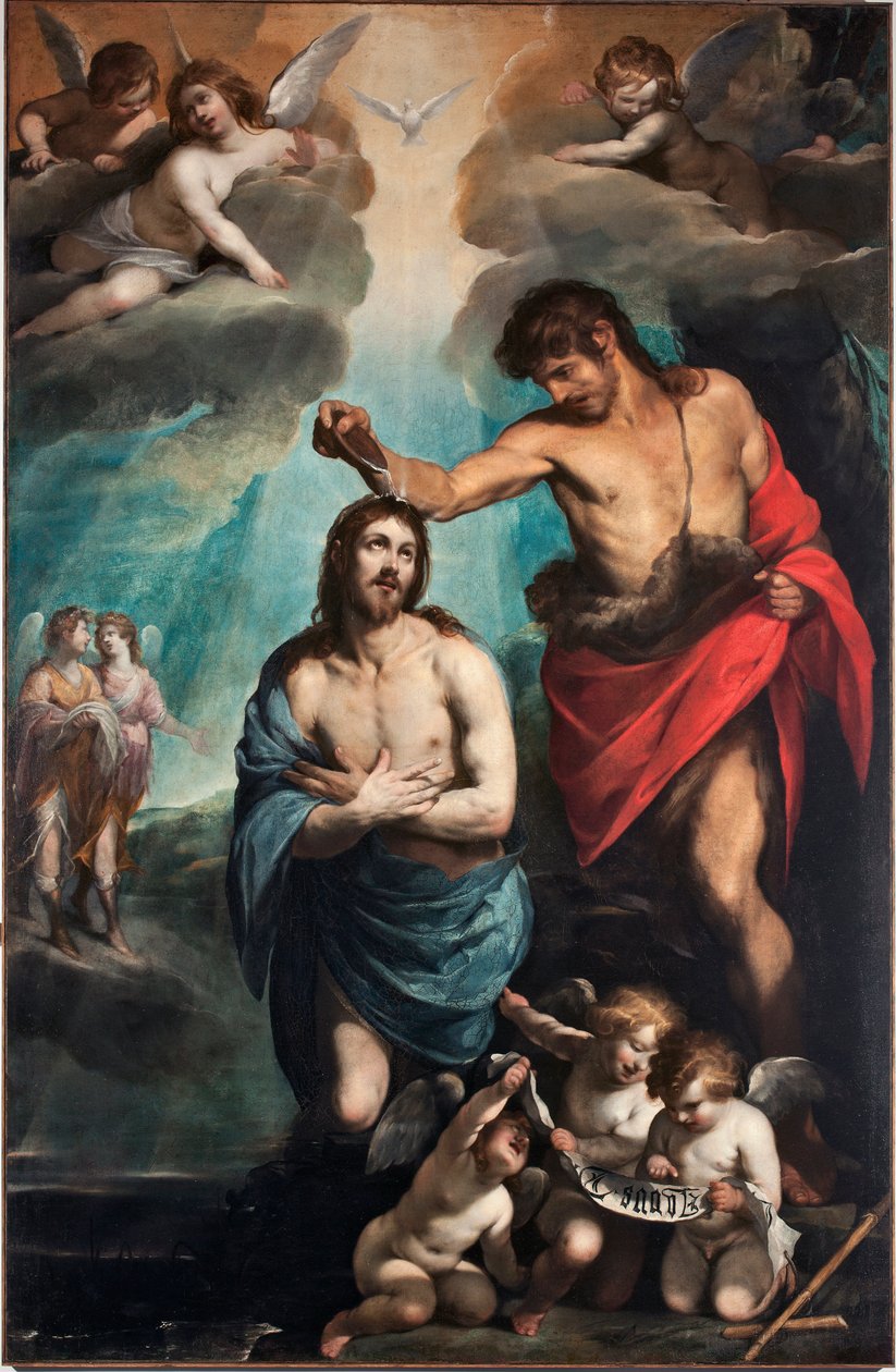Chrzest Chrystusa Gołębica Ducha Świętego (Duch Święty) nad Jezusem Chrystusem (Chrzest Jezusa) Obraz Luciano Borzone (1590-1645) Genes z XVII wieku, Musei di Strada Nuova (ex Palazzo Bianco) Włochy autorstwa Luciano Borzone