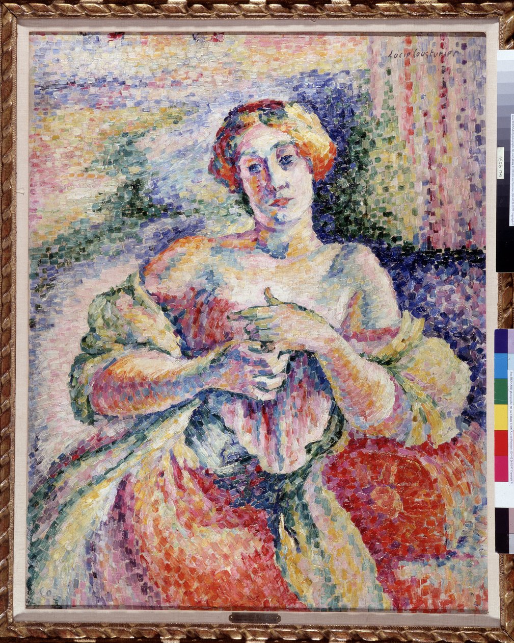 Kobieta w kolorze różowym i niebieskim Młody elegante z ramieniem denudees. Obraz Lucie Cousturier (1870-1925) 1908 wym. 93x73 cm Obowiązkowa wzmianka: Collection fondation Does de Provence, Marseille autorstwa Lucie Cousturier