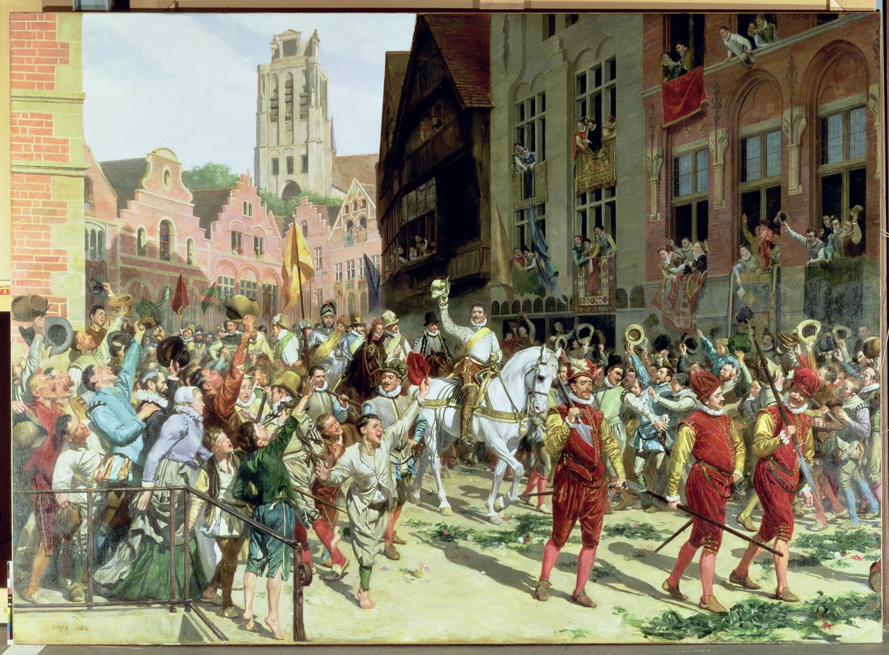 Triumfalny przyjazd do Rotterdamu księcia Maurycego z Orange-Nassau po bitwie pod Nieuwpoort w 1600, 1884 autorstwa Lucien Alphonse Gros