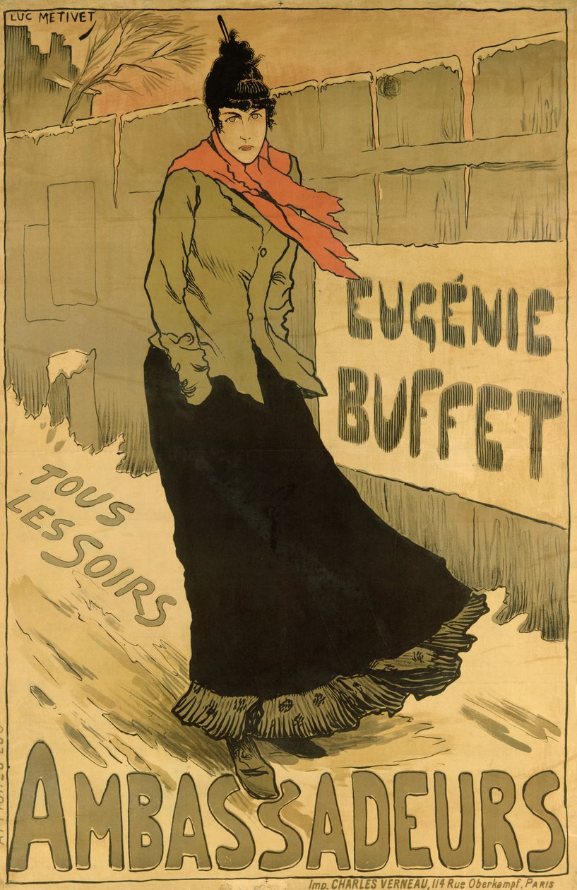 Reprodukcja plakatu reklamującego „Eugenie Buffet”, w Ambassadeurs, Paryż, 1893 autorstwa Lucien Metivet