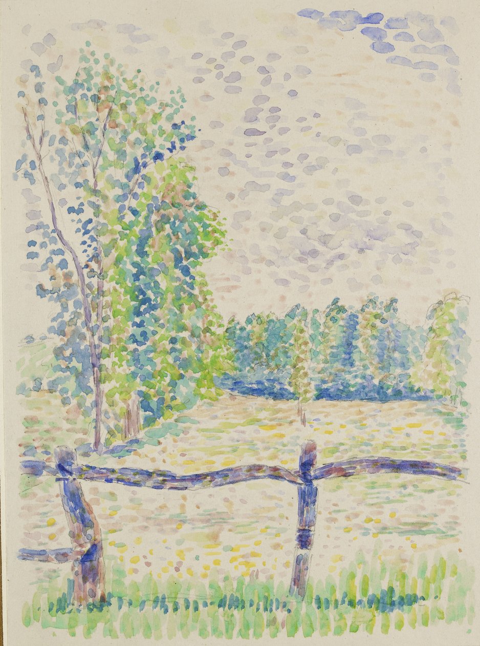 La Barrière, Eragny Meadows, ok.1886 (akwarela na graficie na białym papierze) autorstwa Lucien Pissarro