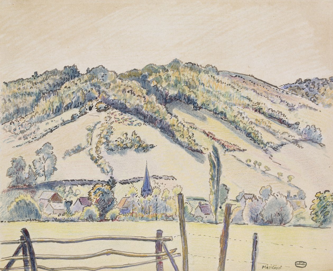 Méricourt, 1919 (pióro i atrament i kolorowe kredki na białym papierze) autorstwa Lucien Pissarro