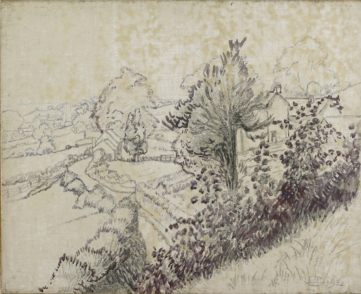Widok Leintwardine, 1932 (czarna kreda i olejny wash na płótnie ułożonym na płycie) autorstwa Lucien Pissarro