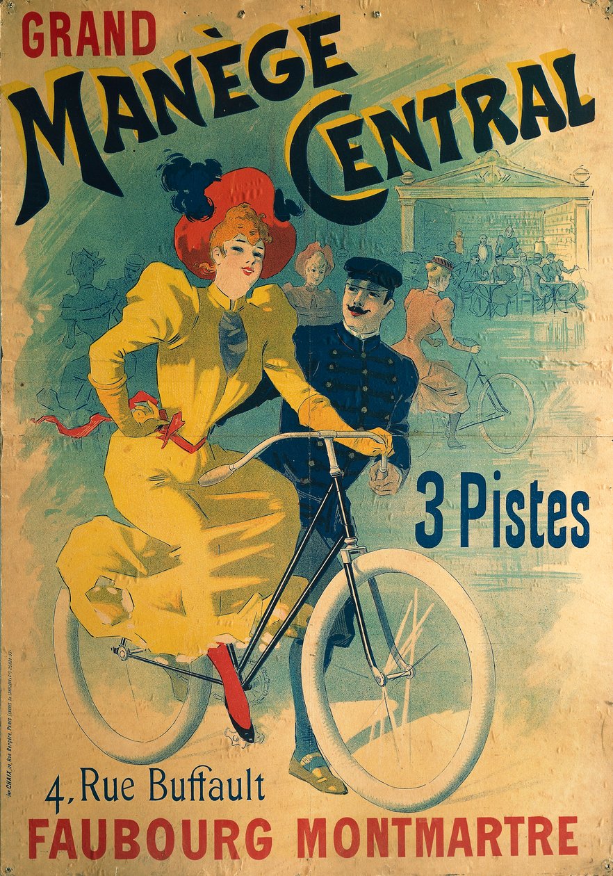 Grand Manege Central, plakat reklamowy toru rowerowego przedstawiający kobietę na rowerze autorstwa Lucien Baylac