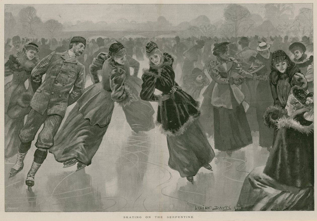 Łyżwiarstwo na Serpentynie, Hyde Park, Londyn (grawerunek) autorstwa Lucien Davis
