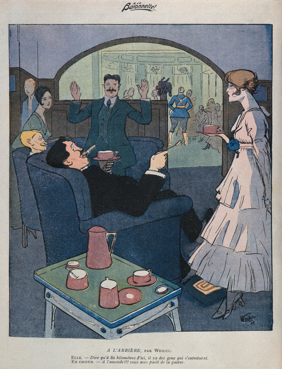 Na froncie domu, ilustracja z „La Baionnette”, 2 września 1915 (kolor lito) autorstwa Lucien Henri Weiluc