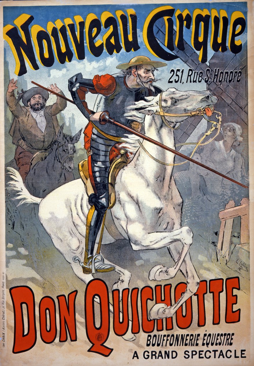 Reklama „Nouveau Cirque” z udziałem „Don Quichotte, Bouffonnerie équestre”, wyd. 1892 (kolor lito) autorstwa Lucien Lefevre