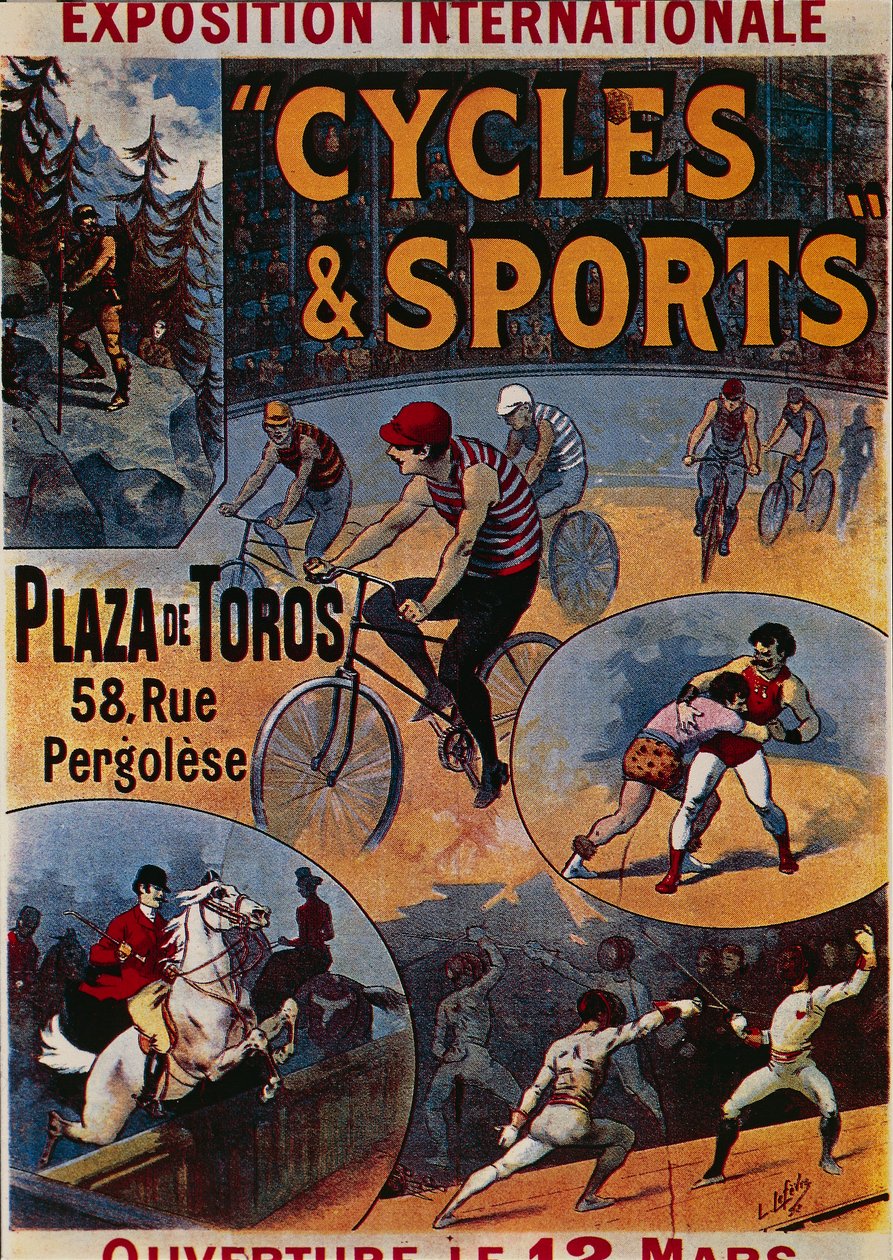 Exposition Internationale Cycles et Sports, reklama międzynarodowej wystawy poświęconej sportowi, ilustracja Lucien Lefevre, plakat autorstwa Lucien Lefevre