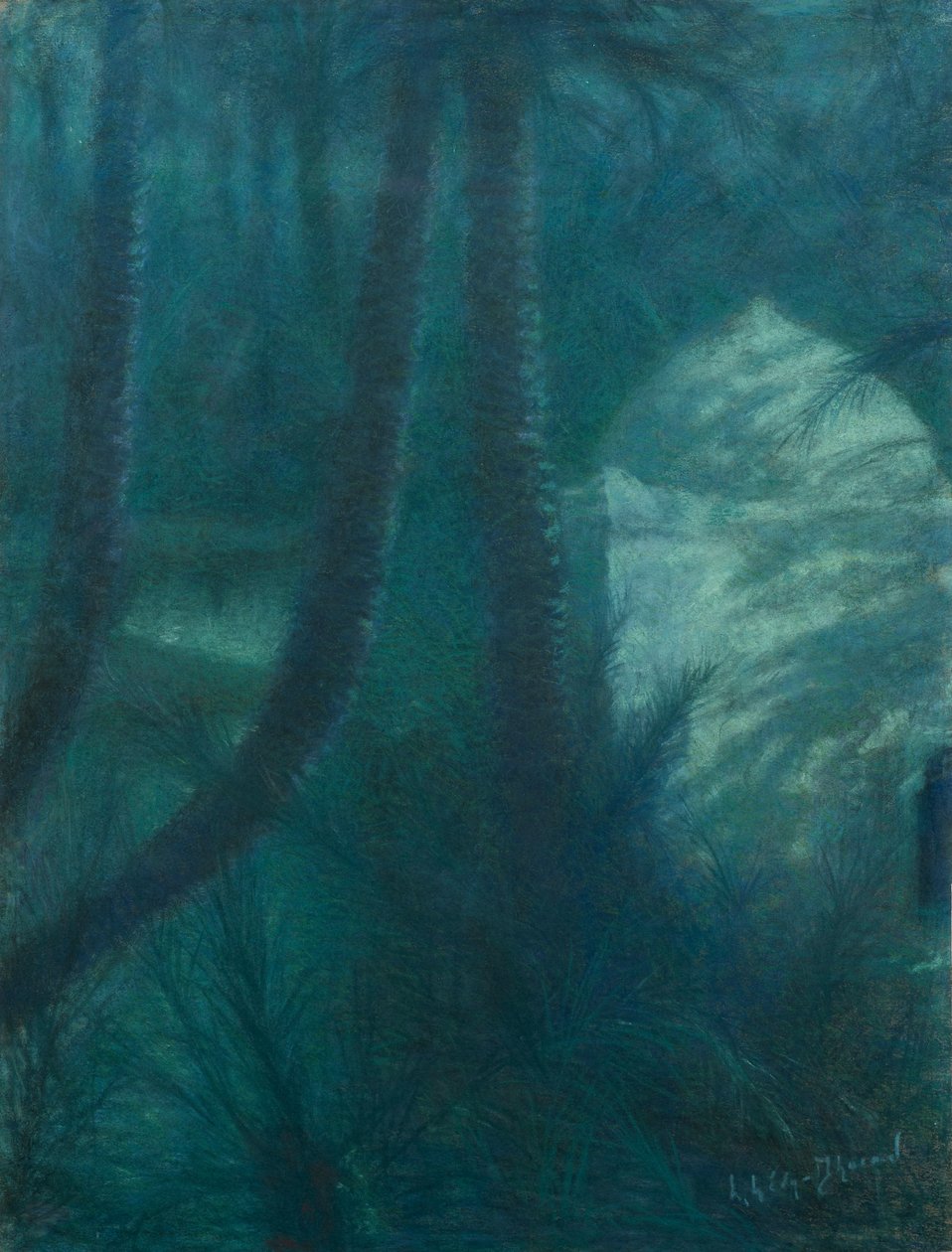La Palmeraie, Marrakesz, w świetle księżyca (pastel na papierze zamontowany na płycie) autorstwa Lucien Levy Dhurmer