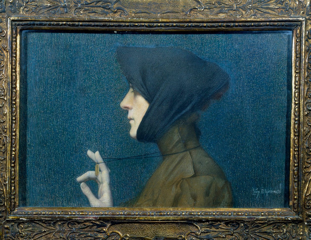 Portret kobiety z medalionem. Kobieta z profilu podtrzymująca wisiorek przed sobą autorstwa Lucien Levy Dhurmer
