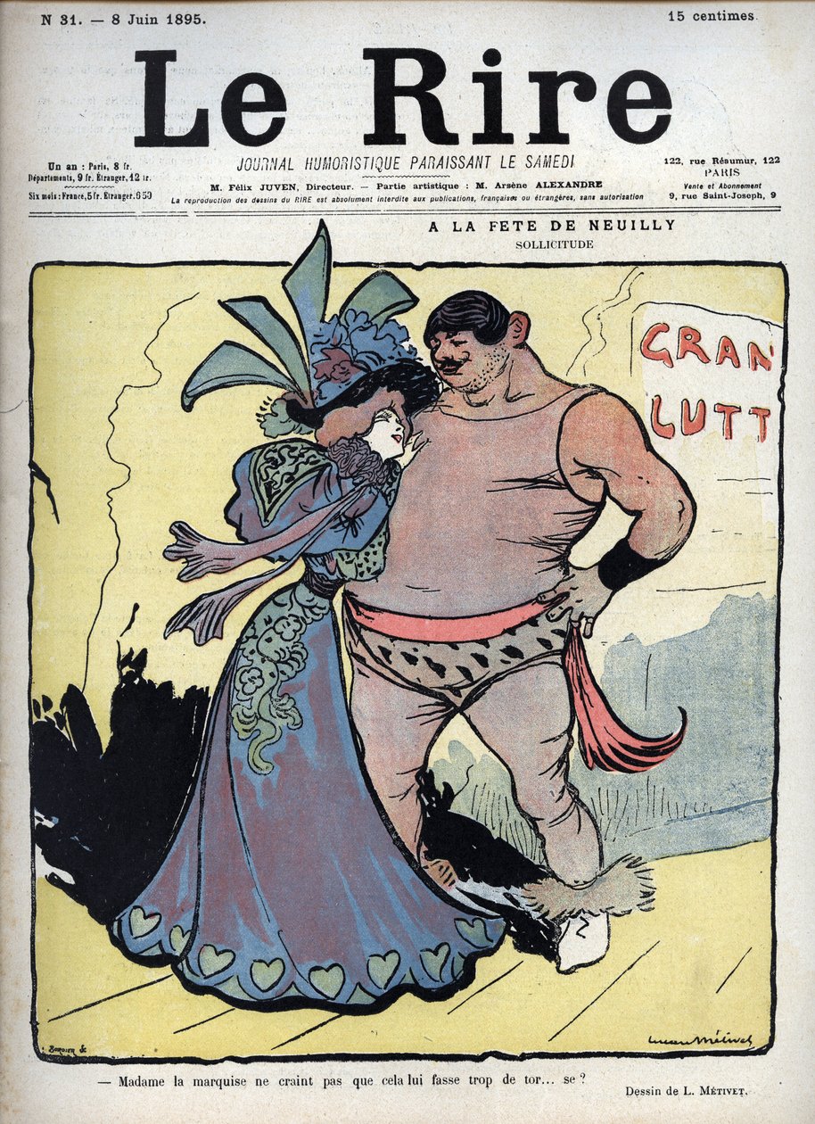 Na uczcie Neuilly: opieka - kobieta ubrana elegancko rozmawia z zapaśnikiem rysunkowym Luciena Marie Francois Metivet (1863-1930) - śmiech z 8 czerwca autorstwa Lucien Metivet