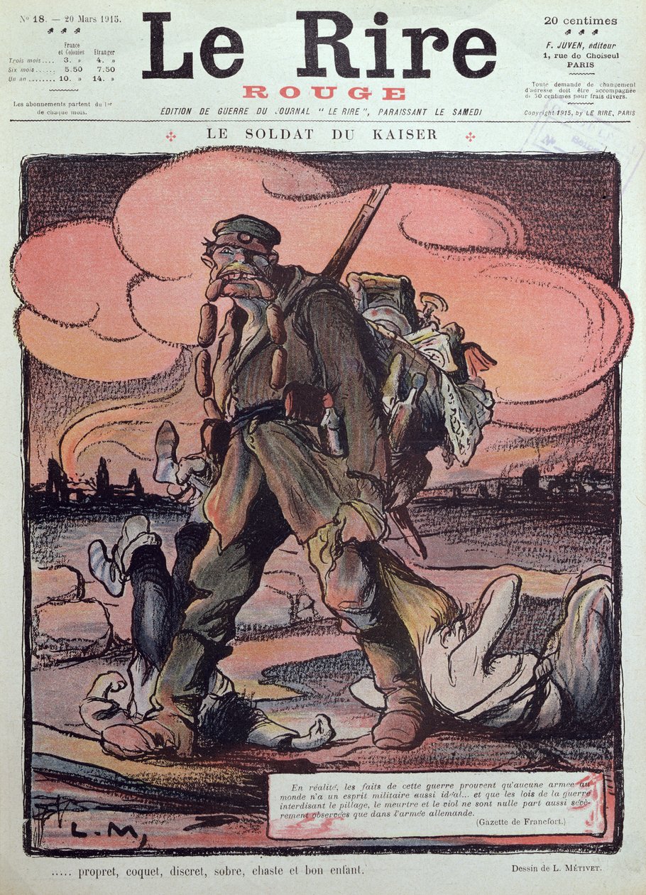 Karykatura niemieckiego żołnierza, z pierwszej strony okładki "Le Rire Rouge", 20 marca 1915 r. autorstwa Lucien Metivet