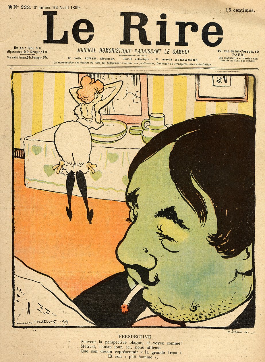 Humorystyczny rysunek z okładki „Le Rire”, 22 kwietnia 1899 (kolor lito) autorstwa Lucien Metivet