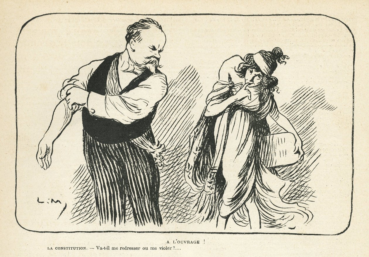 Ilustracja w Le Rire, 01.02.13 - W pracy - Medycyna, Prezydent Republiki, Konstytucja, Gwałt - Poincare Raymond - Zniekształcenia fizyczne (ryty) autorstwa Lucien Metivet