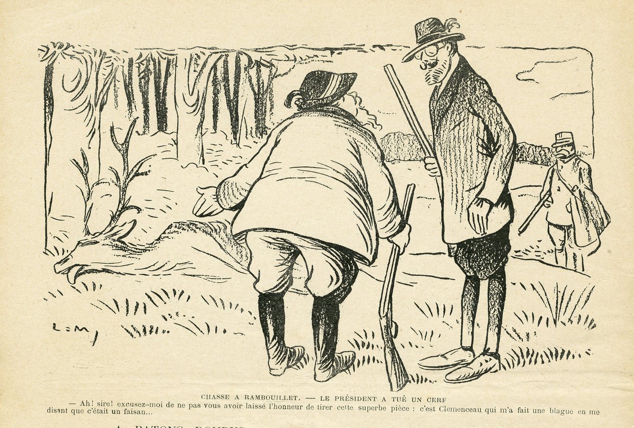 Ilustracja w Le Rire, 12.05.08 - Polowanie w Rambouillet - Roślinność przyrodnicza, Myśliwy, Prezydent Republiki, Rambouillet - Clemenceau Georges, Fallieres Armand (1841-1931), Jeleń autorstwa Lucien Metivet