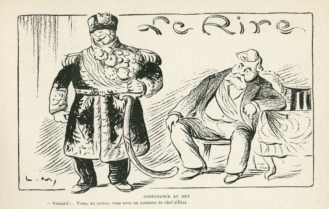 Ilustracja w Le Rire, 27.07.12 - Confidence au bey - Kolonizacja - Fallieres Armand (1813-1941), Naceur Bey (Mohamed el-Naceur Bey) (1855-1922) (rycina) autorstwa Lucien Metivet