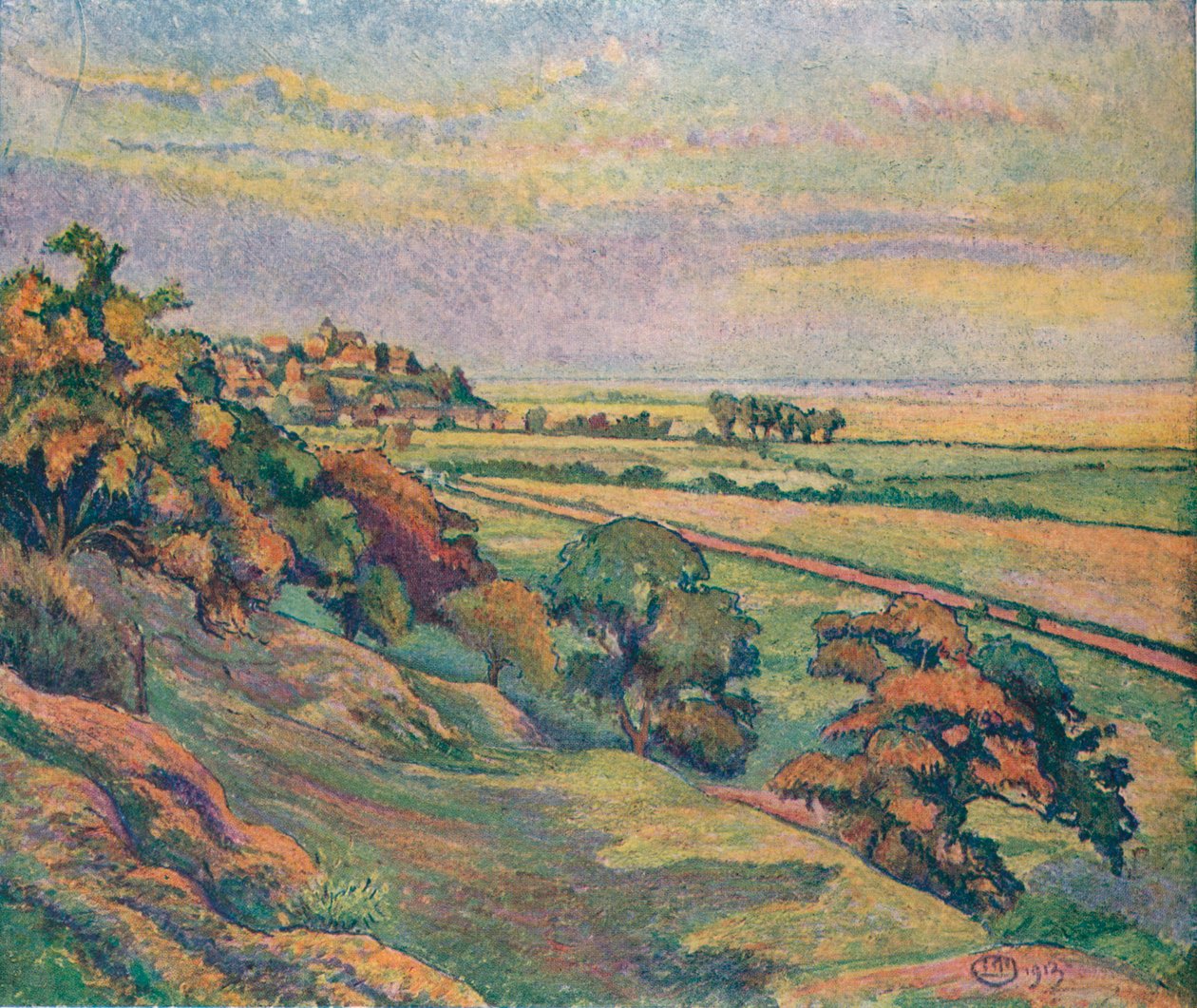 Żyto z Cadborough, zachód słońca, 1913 autorstwa Lucien Pissaro