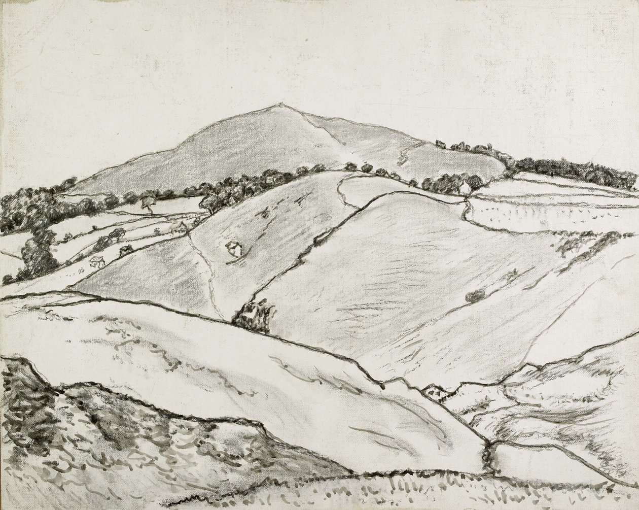 Cefn Bryn, 1933 (czarna kreda i olejny wash na płótnie ułożonym na płycie) autorstwa Lucien Pissarro