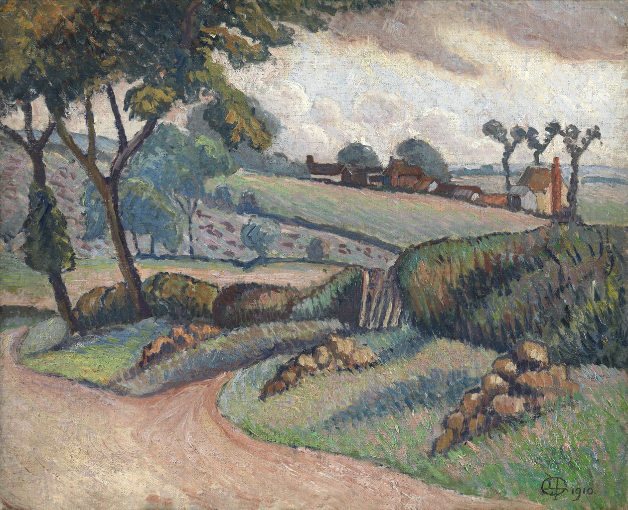 Duton Hill, Essex, 1910 (olej na płótnie ułożony na płycie) autorstwa Lucien Pissarro