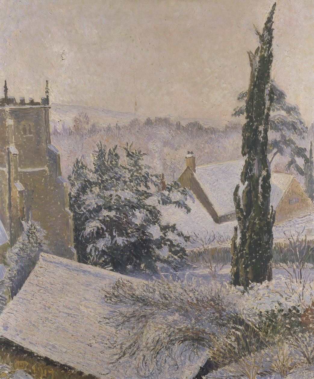 Kościół East Knoyle: Śnieg, 1917 autorstwa Lucien Pissarro