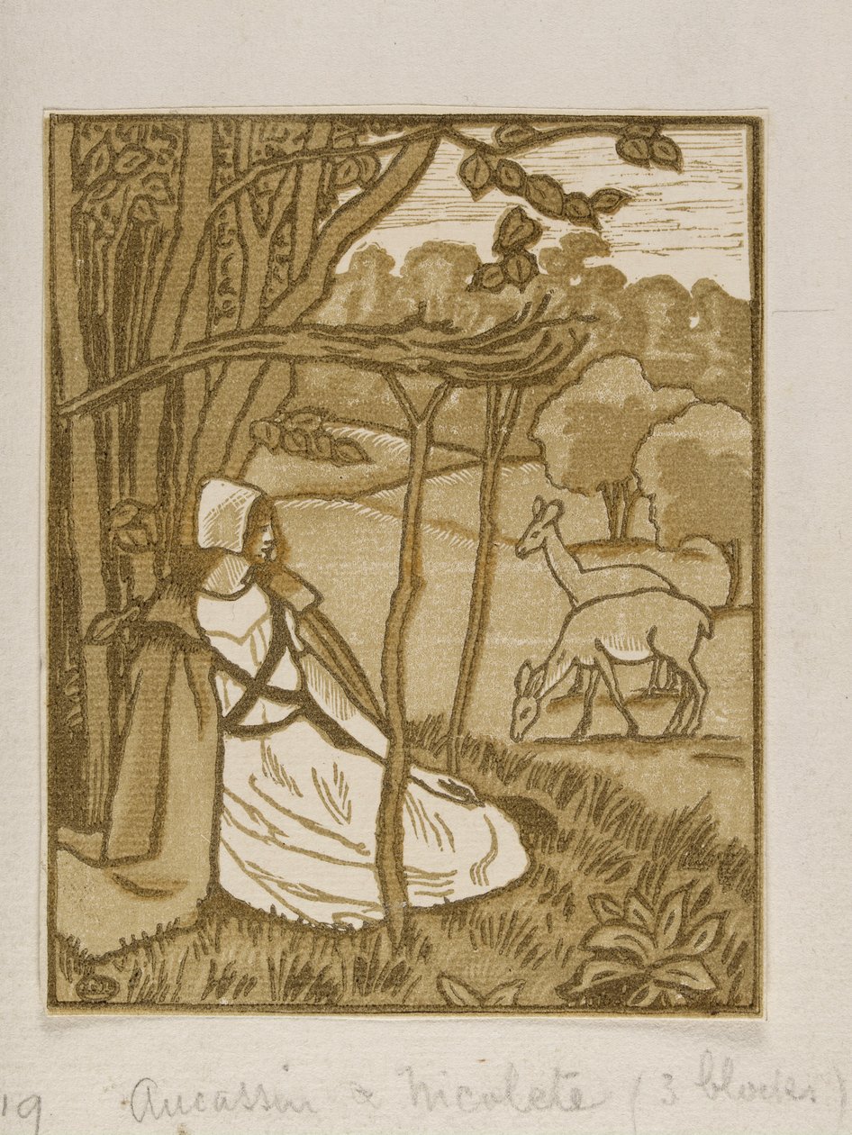 Dziewczyny siedzące pod drzewem z jeleniem, drzeworyt Lucien Pissarro, ok. 1880-1940 autorstwa Lucien Pissarro