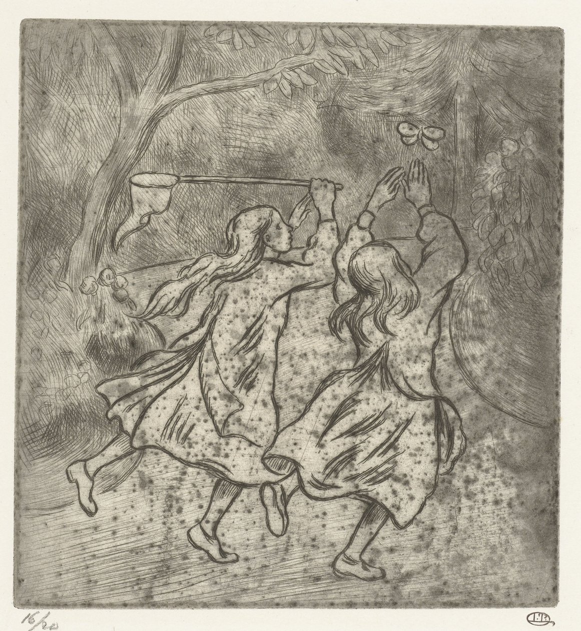 Dwie dziewczyny łapią motyle autorstwa Lucien Pissarro