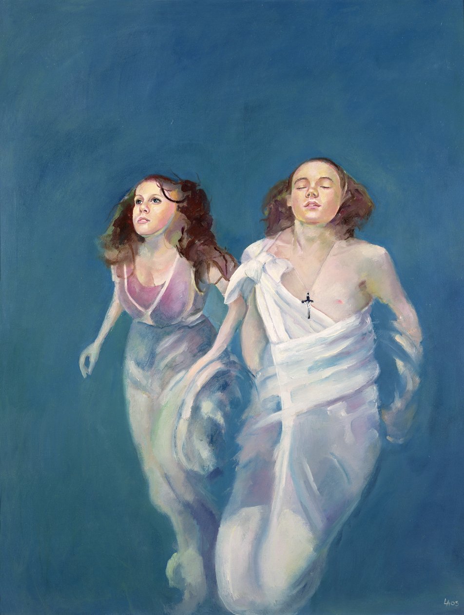 Chłopiec i dziewczynka unoszący się na wodzie, 2004 (olej na płótnie) autorstwa Lucinda Arundell