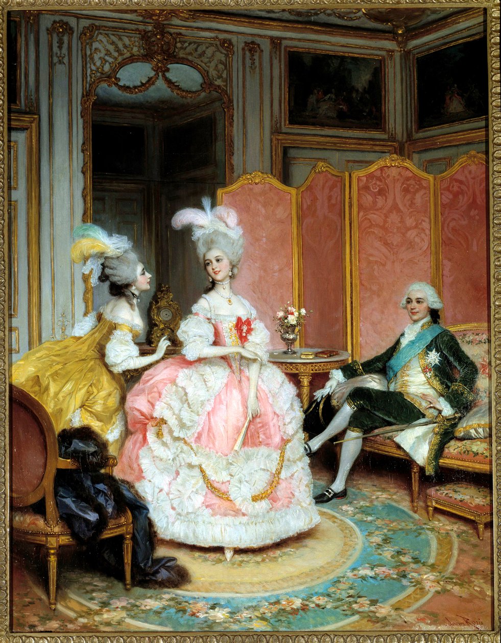 Prostytucja: „”Śliczna kurtyzana”” Młoda kobieta przedstawiona dżentelmenowi w prywatnym salonie w XVIII wieku przez swatkę. Obraz Lucjusza Rossiego (1846-1913) autorstwa Lucius Rossi
