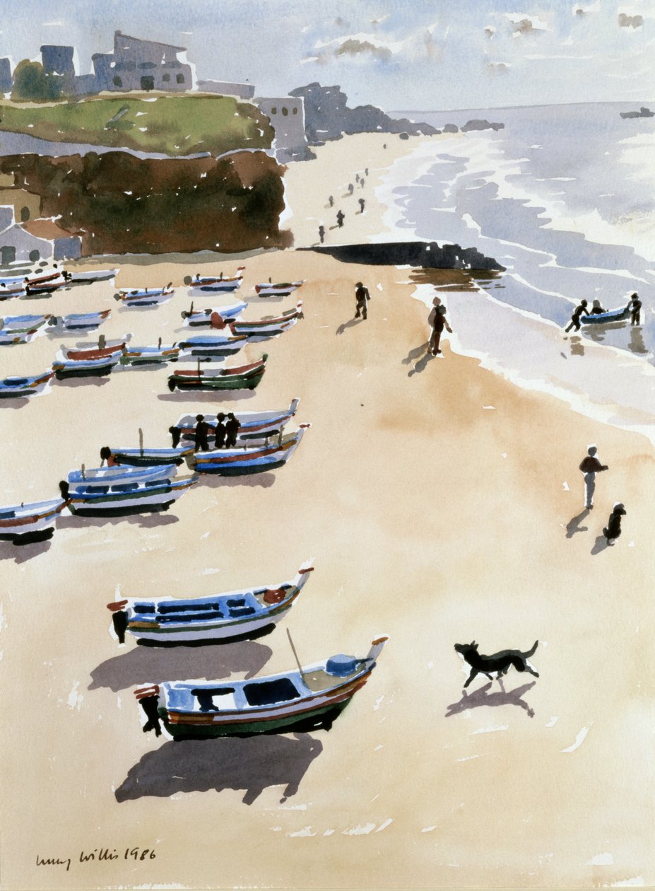 Łodzie na plaży, 1986 (akwarela na papierze) autorstwa Lucy Willis