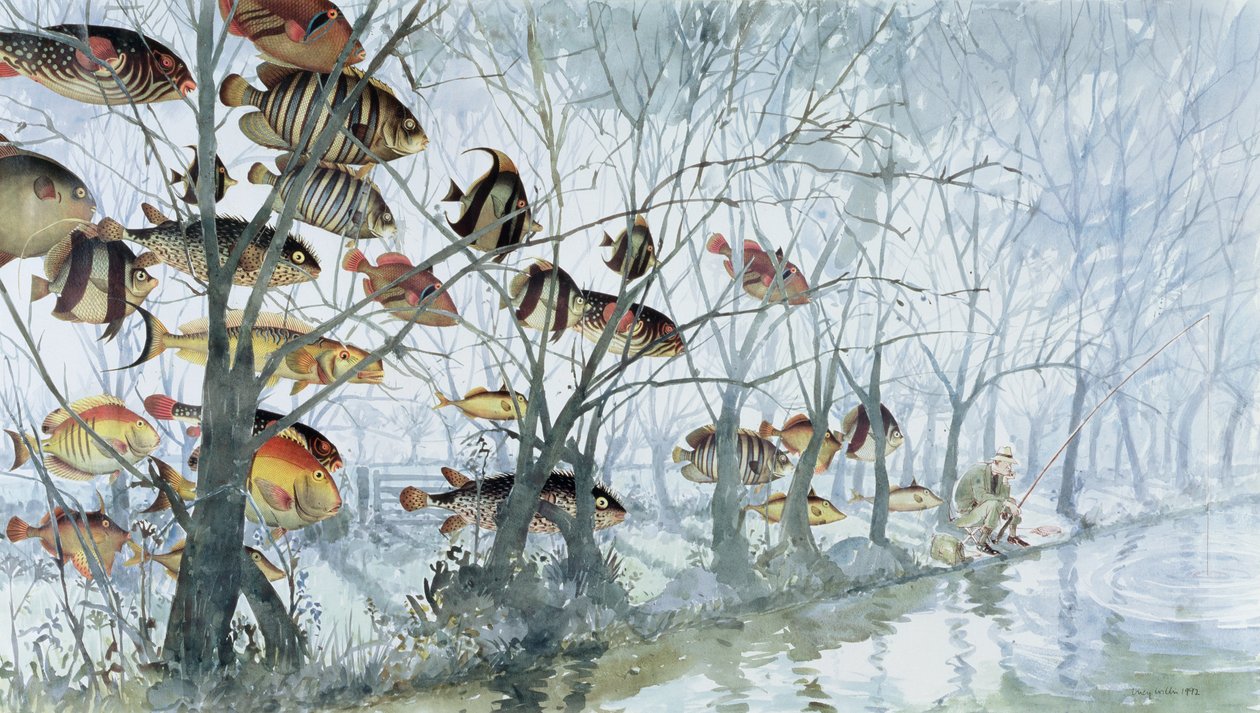 Fly Fishing, 1992 (toaleta, kolaż, długopis i atrament na papierze) autorstwa Lucy Willis