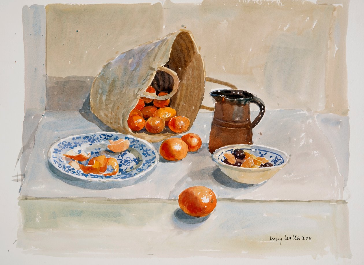 Pomarańcze i dzbanek z ługiem, 2011 (wc na papierze) autorstwa Lucy Willis