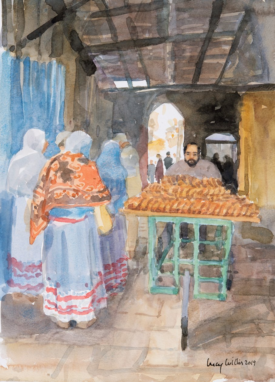 Sprzedawca bajgli na Starym Mieście, Jerozolima, 2019 (w/c na papierze) autorstwa Lucy Willis