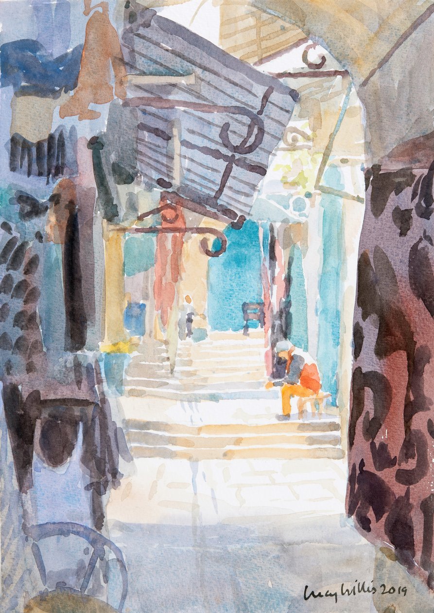 Market Steps, Stara Jerozolima, 2019 (w/c na papierze) autorstwa Lucy Willis