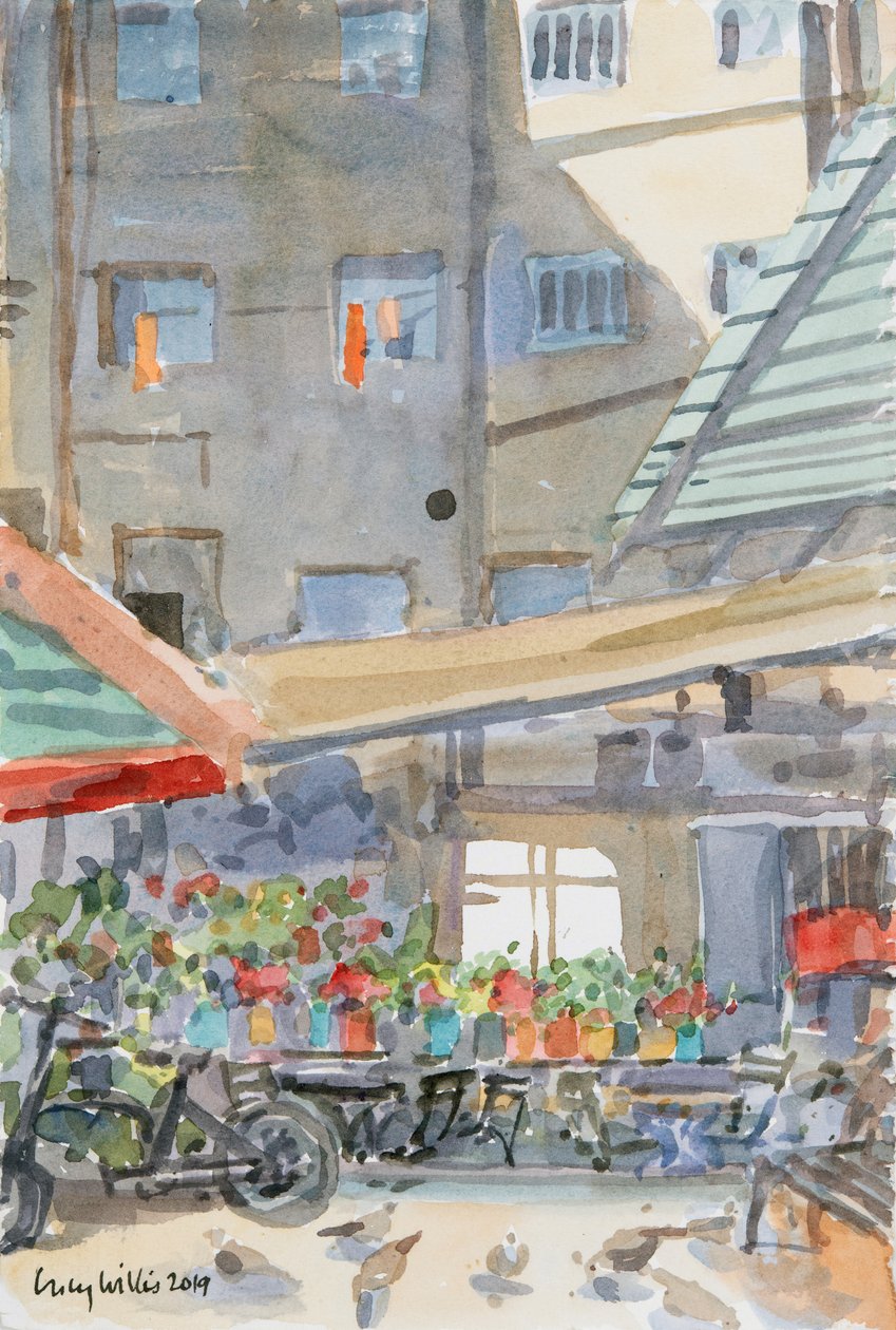 Suszenie Orange Dusters, Mahane Yehuda, Jerozolima, 2019 (w/c na papierze) autorstwa Lucy Willis