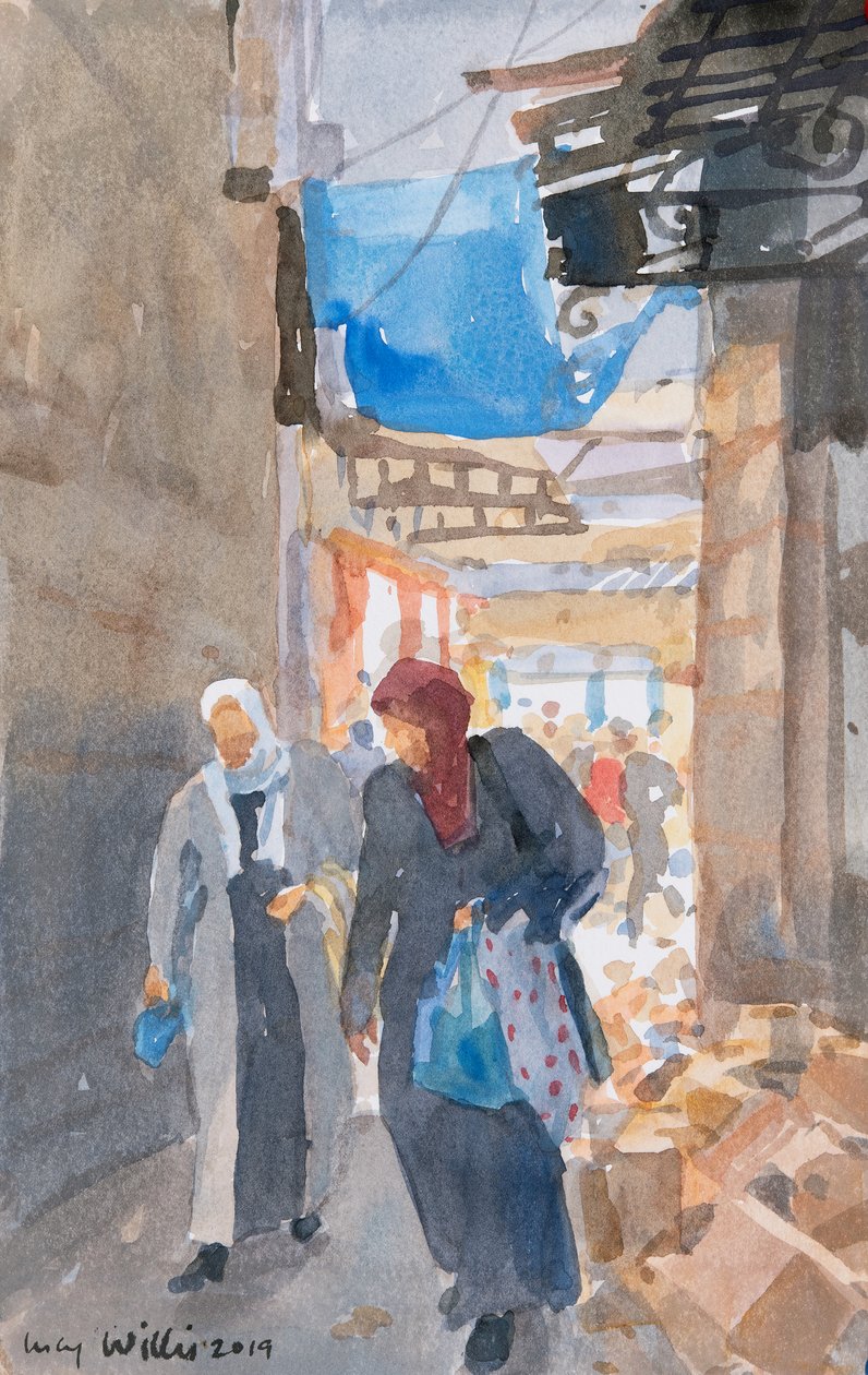 Niebieska markiza przy Bramie Damaszku, Jerozolima, 2019 (w/c na papierze) autorstwa Lucy Willis