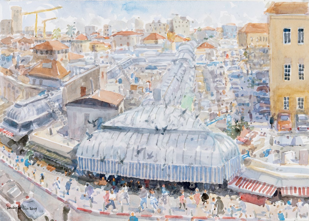 Widok z balkonu, Mahane Yehuda, Jerozolima, 2019 (w/c na papierze) autorstwa Lucy Willis