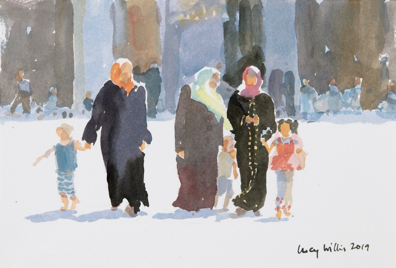 Zwiedzanie meczetu, Damaszek, Syria, 2019 (w/c na papierze) autorstwa Lucy Willis