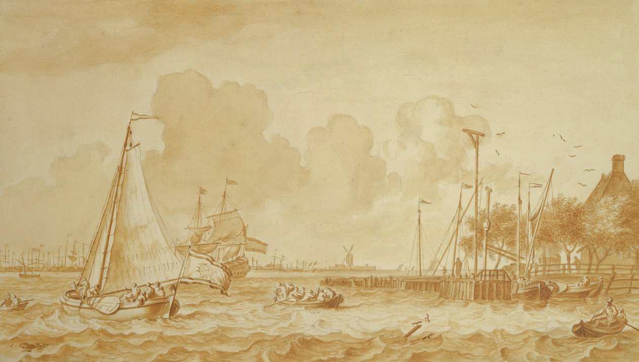Na Y, niedaleko Amsterdamu, 1680 (pióro i ołówek na papierze) autorstwa Ludolf Backhuysen