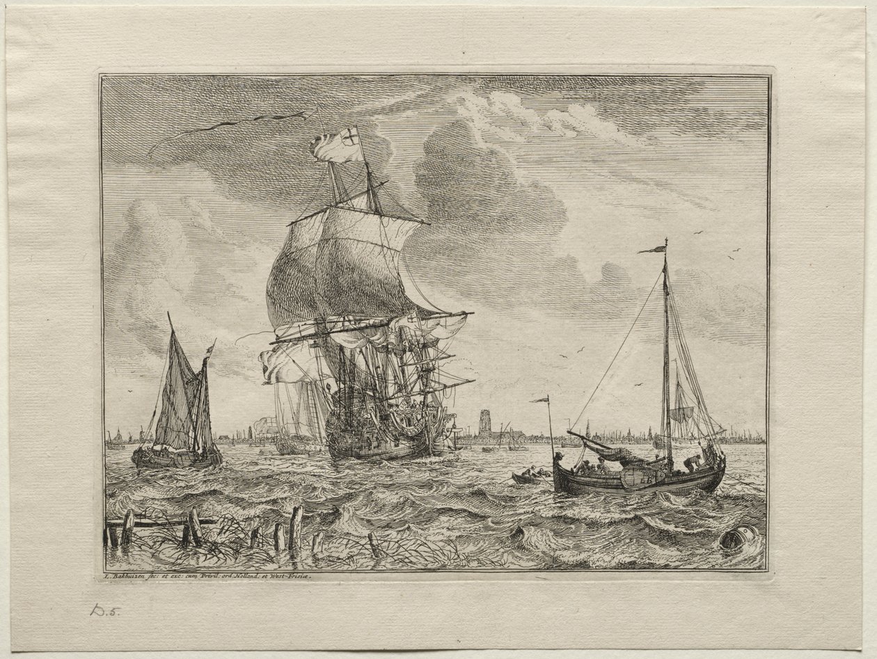 Scena morska z Amsterdamem w oddali autorstwa Ludolf Backhuysen