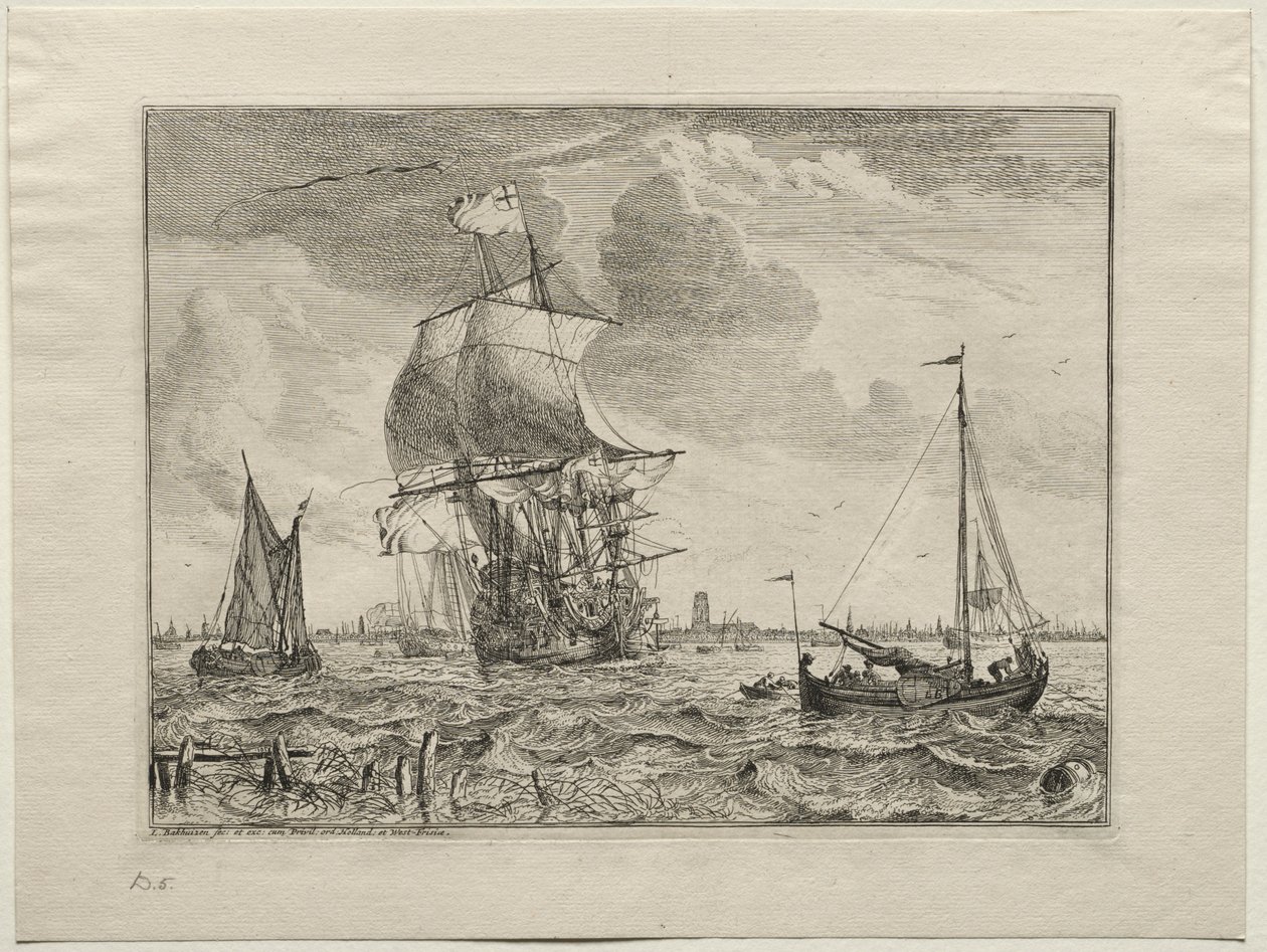 Scena morska z Amsterdamem w oddali, 1701. autorstwa Ludolf Backhuysen