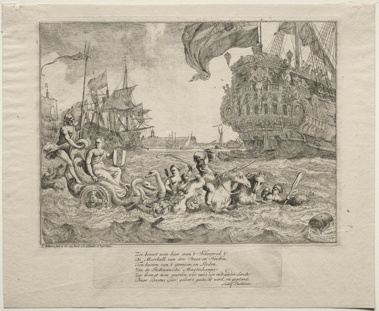Personifikacja Amsterdamu jadącego rydwanem Neptuna, 1701. autorstwa Ludolf Backhuysen