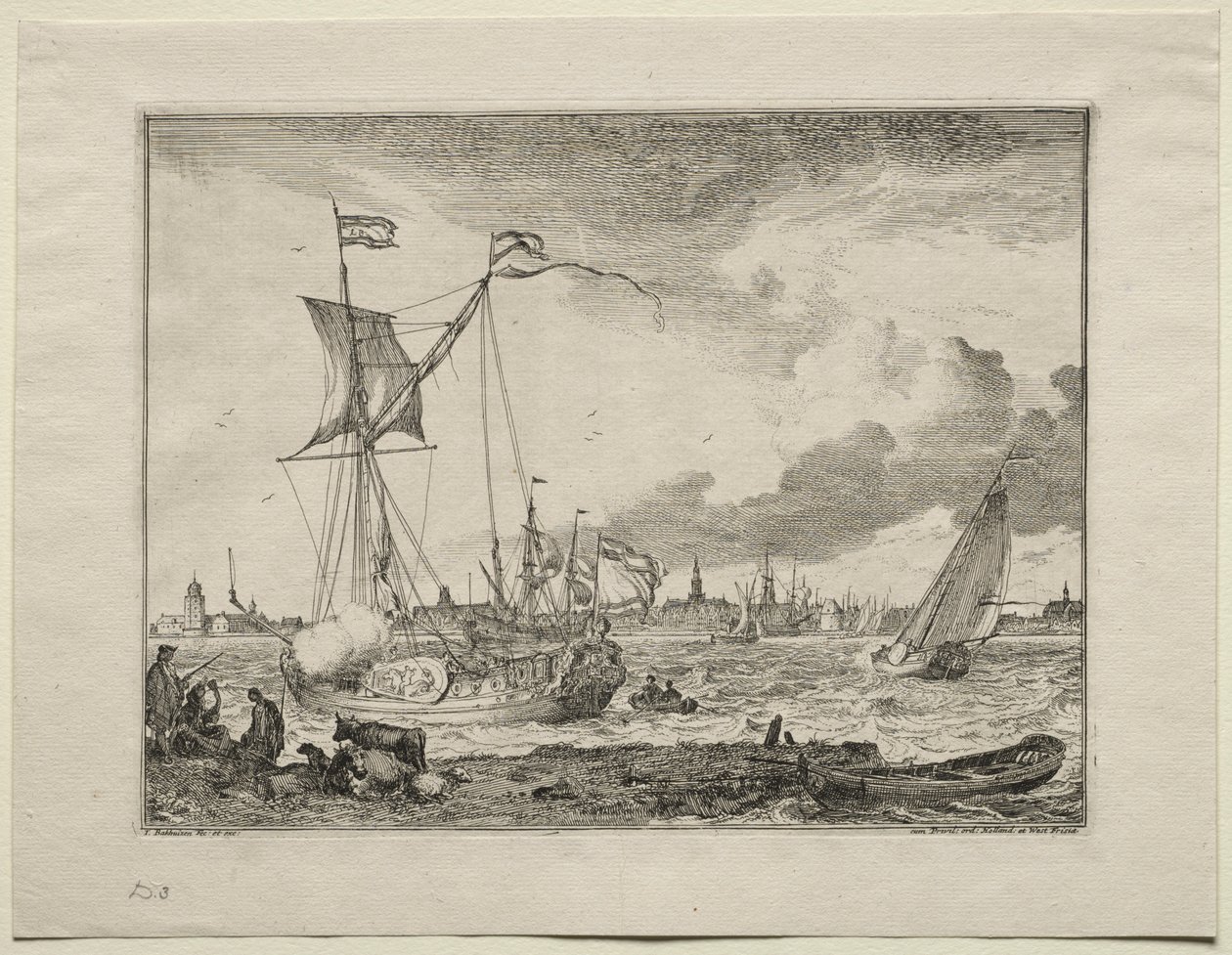 Widok Amsterdamu ze statkami na pierwszym planie, 1701. autorstwa Ludolf Backhuysen