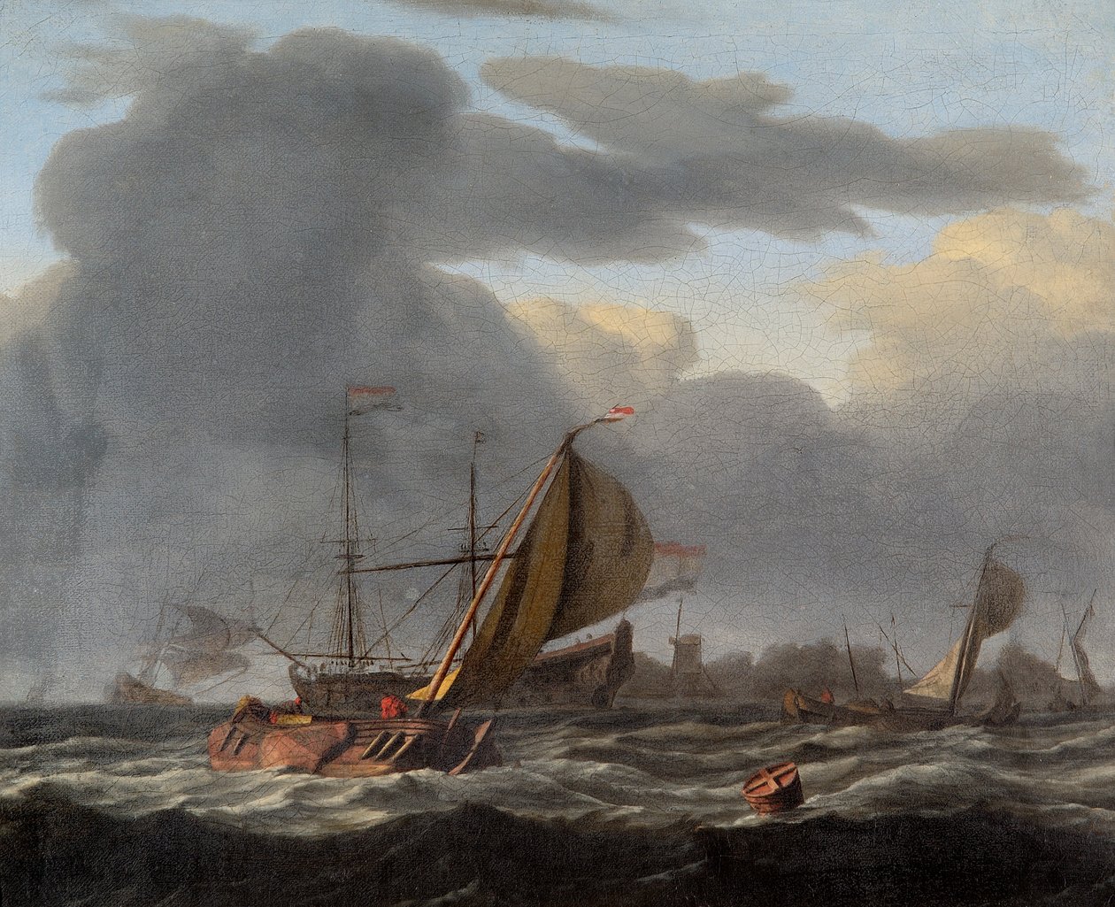 „Okręt wojenny na kotwicy na wzburzonym morzu”, c1660-c1708 autorstwa Ludolf Backhuysen I
