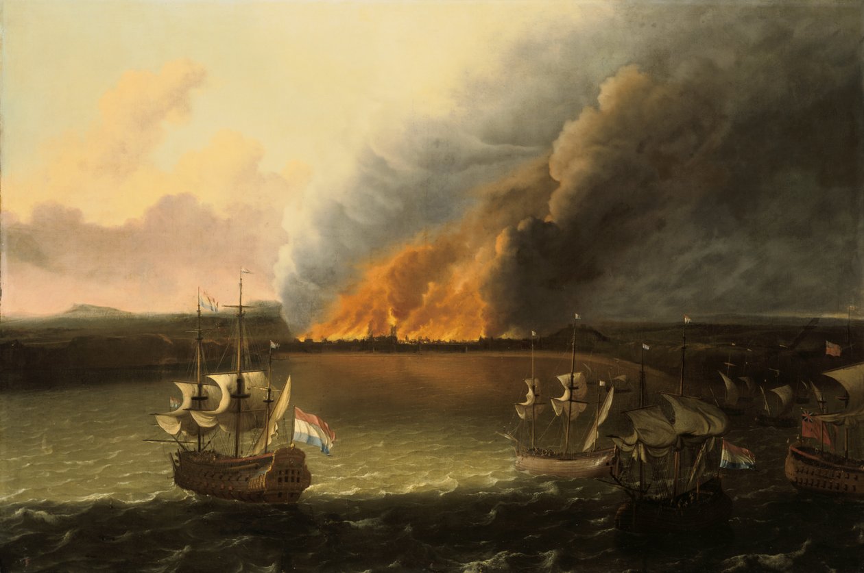 Pejzaż morski z ogniem w oddali, 1667 autorstwa Ludolf Backhuysen I